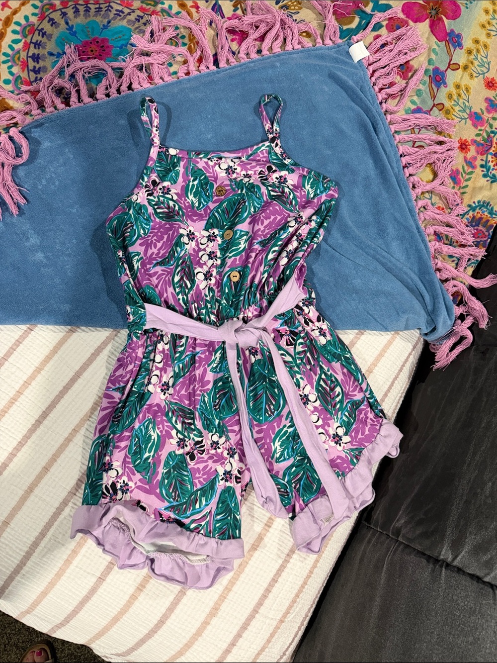 Girls' Lavender Tropical Leaf Romper with Tie Waist